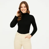 Kadın Tam Boğazlı Fitilli Likrali Koşkorse Badi - Siyah thumbnail 1