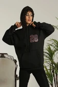 Unisex Kapşonlu Baskılı Sweetshirt - Siyah thumbnail 2
