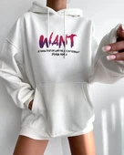 Baskılı Üç İplik Kapüşonlu Oversize Sweatshirt - Beyaz thumbnail 2
