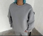 Kışlık Bisiklet Yaka Üç İplik Basic Sweatshirt - Gri thumbnail 2