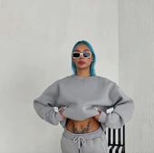 Kışlık Bisiklet Yaka Üç İplik Basic Sweatshirt - Gri thumbnail 1