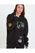 Kadın Baskılı Kapüşonlu Sweatshirt - Siyah thumbnail 3