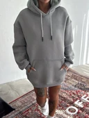 Kapüşonlu Üç İplik Penye Basic Sweatshirt - Boyalı Gri thumbnail 1