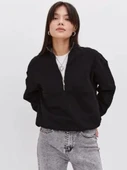 Oversize Yarım Farmuarlı Yakalı Basic Sweatshirt - Siyah thumbnail 1