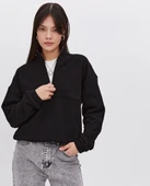 Oversize Yarım Farmuarlı Yakalı Basic Sweatshirt - Siyah thumbnail 3