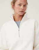 Oversize Yarım Farmuarlı Yakalı Basic Sweatshirt - Beyaz thumbnail 2