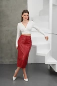 Yırtmaçlı uzun deri etek bordo thumbnail 3