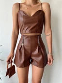 Çift fermuarlı deri şort kahve h24394 thumbnail 4