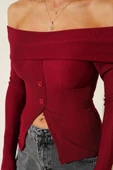 Madonna Yaka Düğmeli Bluz bordo thumbnail 4