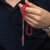 Gümüş Püsküllü Pembe Ateş Kehribar Tesbih thumbnail 3