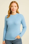 Kadın Bisiklet Yuvarlak Yaka Triko Kazak Pamuklu Kalın Fitilli Dokuma, Regular Fit Uzun Kollu Kışlık Model - Bebe Mavisi thumbnail 3