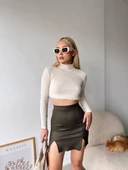 Çift yurtmaçlı süet etek haki thumbnail 2