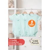 2-12 Yaş 3'lü Yeşil Bebek Çocuk Body %100 Pamuk Esnek Kalıp Kısa Kol Çıtçıtlı Zıbın thumbnail 1