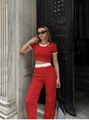 Crop pantolon biyeli takım kırmızı thumbnail 5