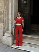 Crop pantolon biyeli takım kırmızı thumbnail 6