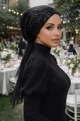 Siyah Payet Abiye Eşarp Bone thumbnail 4
