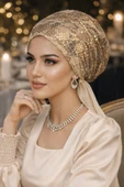 Dore Rengi Payet İşlemeli Eşarp Bone thumbnail 2