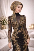 Siyah Gold Simli Abiye Eşarp Bone thumbnail 2