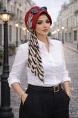 Kırmızı Zebra Desen Fularlı Şapka Bone thumbnail 2