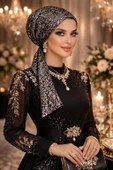 Siyah Gümüş Payet İşlemeli Eşarp Bone thumbnail 2