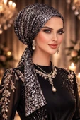 Siyah Gümüş Payet İşlemeli Eşarp Bone thumbnail 3