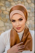 Bej Karamel Saten Fularlı Bone thumbnail 1