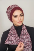 Bordo Leopar Desen Fularlı Bone thumbnail 1