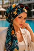 Yeşil Siyah Yaprak Desen Eşarp Bone thumbnail 1