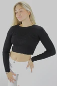 Kadın Modern Stil Crop Triko Siyah thumbnail 3