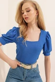 Kadın Zarif Dokunuş Saks 0409 Kare Yaka Örme Bluz thumbnail 2