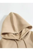 Basic Dokulu Erkek Günlük Stil Krem Bej Kapüşonlu Sweatshirt thumbnail 1