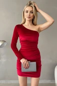 Kadın Tek Omuz Drapeli Kadife Mini Elbise thumbnail 3