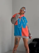 Kadın W Nakış İşlemeli Kapüşonlu Sweatshirt - Mavi thumbnail 4