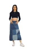Vexor Mavi Patchwork Desenli Denim Kot Etek thumbnail 1
