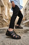 Siyah Hakiki Deri Erkek Sandalet thumbnail 1