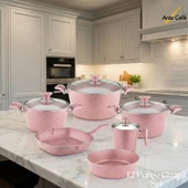 ARZU ÇELİK 12 Parça Granit Set Cam Kapak - Pembe thumbnail 1