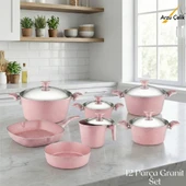 ARZU ÇELİK 12 Parça Granit Set Çelik Kapak - Pembe thumbnail 1