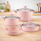 ARZU ÇELİK 7 Parça Granit Set Cam Kapak - Pembe thumbnail 1