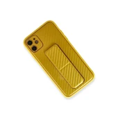 iPhone 12 Kılıf Coco Karbon Standlı Kapak - Sarı thumbnail 4