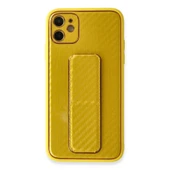 iPhone 12 Kılıf Coco Karbon Standlı Kapak - Sarı thumbnail 1