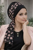 Siyah Pudra Çiçek Desen Fularlı Bone thumbnail 2