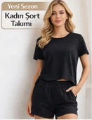 Kadın Siyah Şort Takımı Yazlık Basic Rahat İkili Takım thumbnail 1