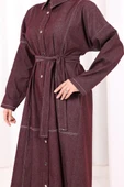 Düğmeli Denim Elbise 7070 Bordo thumbnail 5