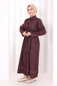 Düğmeli Denim Elbise 7070 Bordo thumbnail 2