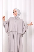 Düğmeli Pelerinli Elbise 6080 Gri thumbnail 4