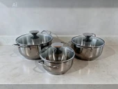 3'lü Mini Çelik Tencere seti, Cam kapaklı. thumbnail 3