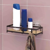 Ahşap Görünümlü Kancalı Banyo Duş Rafı - Siyah thumbnail 1