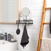 Ahşap Görünümlü Kancalı Banyo Duş Rafı - Siyah thumbnail 2