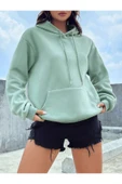 Fiery Night Kapüşonlu Basic Sweatshirt Mint Yeşili thumbnail 3
