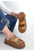 DMR Elegance Coer Taba Süet Çift Tokalı Terlik thumbnail 1